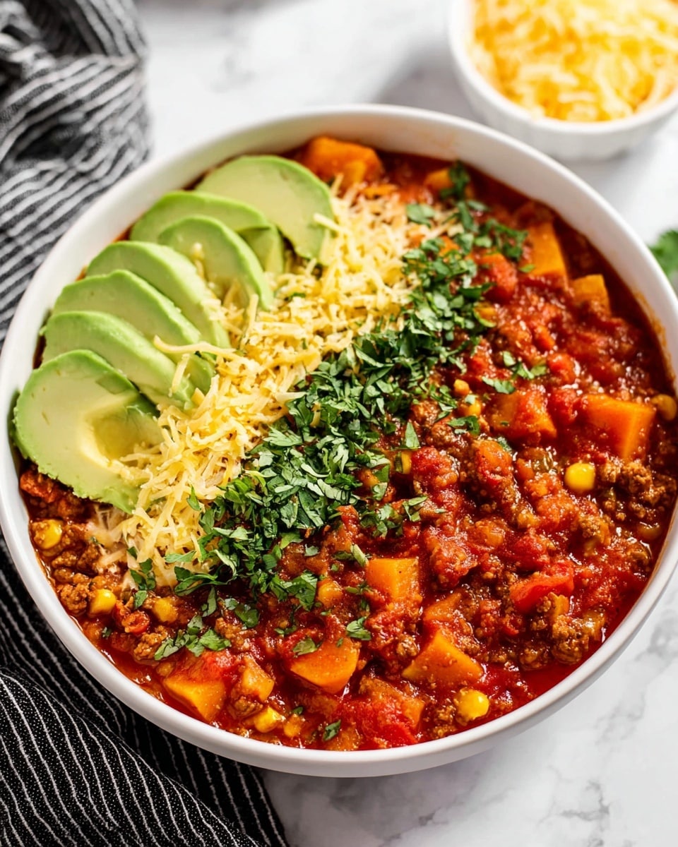 A white bowl filled with a thick stew showing three main layers: the bottom layer is chunky with cooked ground meat and diced orange sweet potatoes in a rich red tomato sauce, mixed with visible yellow corn kernels and bits of green herbs. The middle layer has fresh chopped cilantro sprinkled on top, adding bright green color and texture. The top layer has thin yellow shredded cheese spread over half the bowl and several light green avocado slices arranged neatly on the other half. The bowl sits on a white marbled surface with a blurred small white bowl of shredded cheese in the background and part of a black and white striped cloth to the side. Photo taken with an iphone --ar 4:5 --v 7