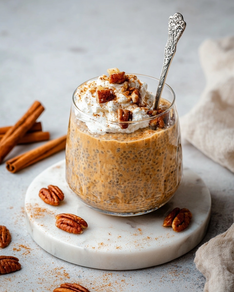 A clear glass filled with a creamy, light brown chia pudding mixed with pumpkin or cinnamon, showing small chia seeds throughout the thick layer, topped with a dollop of white whipped cream sprinkled with cinnamon powder and several chunky, reddish-brown pecan pieces. A silver spoon with detailed patterns stands upright inside the glass. The glass rests on a round white marble plate, scattered with whole pecans and cinnamon sticks nearby on the same textured surface. Photo taken with an iphone --ar 4:5 --v 7