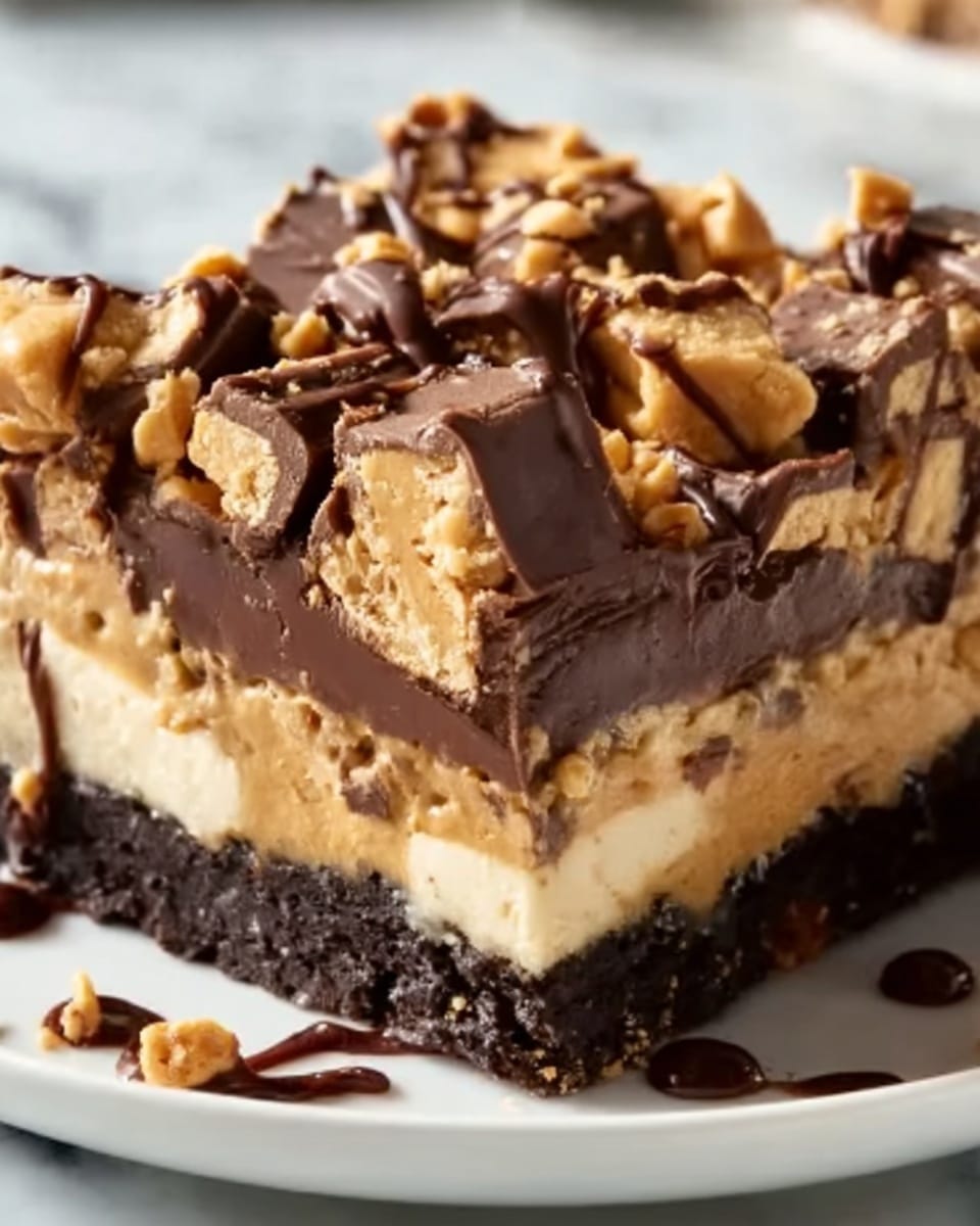 A close-up image of a thick, square layered dessert with three main visible layers. The bottom layer is a dark chocolate crust, rough and dense in texture. Above it, there is a thick creamy light tan layer, smooth and rich in appearance. The top layer is a mix of chunky pieces of light brown peanut butter cups and a drizzle of dark chocolate sauce that adds shine and contrast, scattered unevenly across the surface. The dessert sits on a white plate, placed on a white marbled surface. Photo taken with an iphone --ar 4:5 --v 7