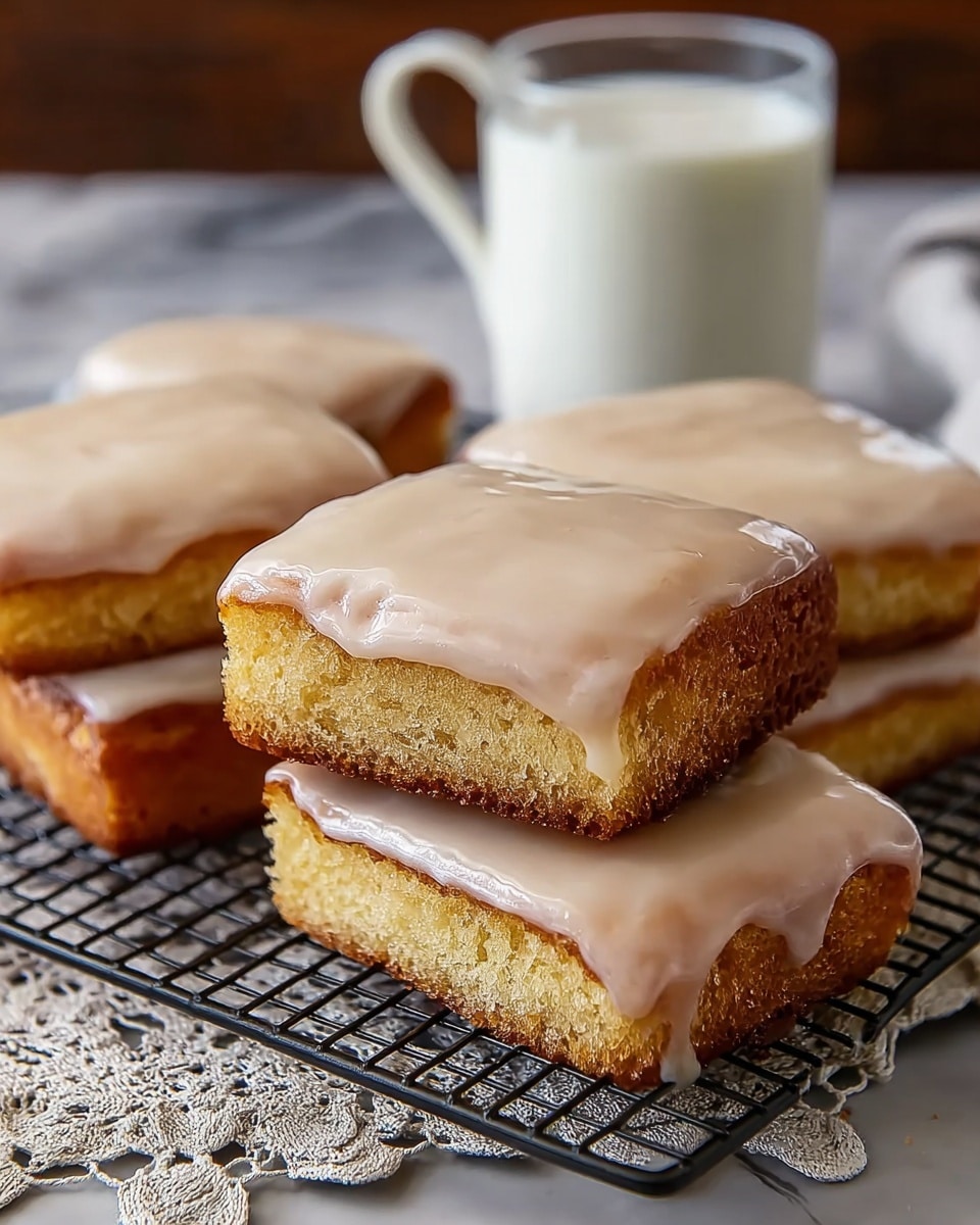 The image shows five square cake pieces with two visible layers each: a golden-brown soft cake base topped with a smooth, shiny light beige glaze that covers the entire top and slightly drips down the sides. One piece is placed on top of the others, clearly showing the cake's crumbly texture and thickness beneath the glossy glaze. They sit on a dark cooling rack over a white marbled surface, with a white cup filled with milk in the background and a folded lace cloth underneath part of the rack. Photo taken with an iphone --ar 4:5 --v 7