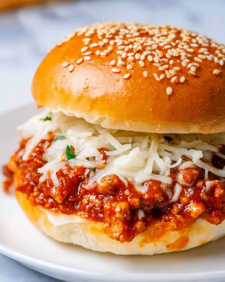 A close-up view of a sandwich with a golden brown sesame seed bun on top. The bottom bun holds a thick layer of chunky red tomato sauce mixed with small pieces of cooked meat, which looks juicy and rich. On top of the sauce, there is a layer of melted white shredded cheese, slightly soft and stretching over the meat. The sandwich is placed on a white plate, set against a white marbled background. photo taken with an iphone --ar 4:5 --v 7