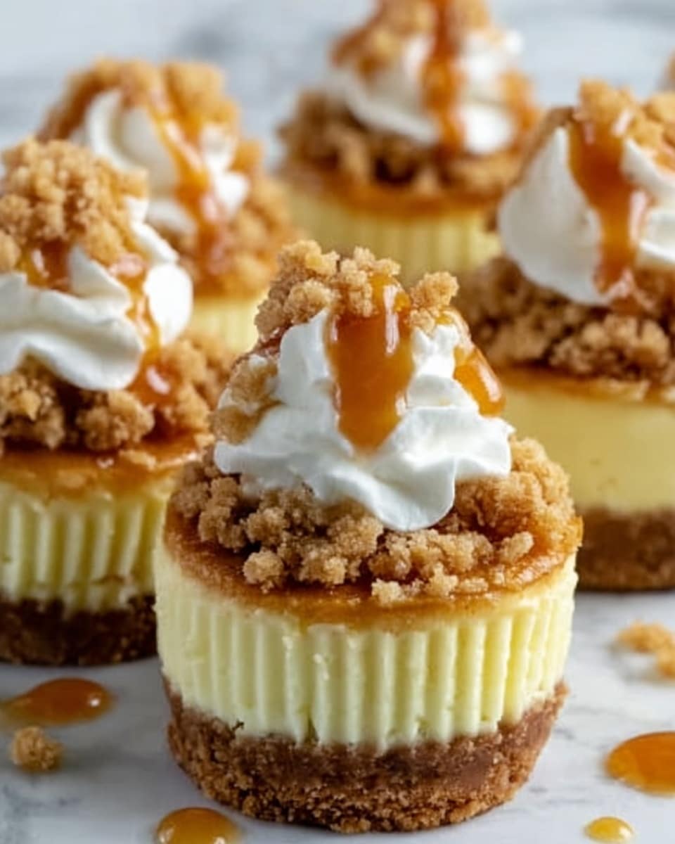 The image shows a close-up of small cheesecake cups with three visible layers on a white marbled surface. The bottom layer is a crumbly brown crust made from crushed cookies. The middle layer is smooth, creamy, and pale yellow cheesecake filling. On top, there is a layer of chunky, golden-brown streusel with bits of crumbly texture. Each cheesecake cup is topped with a tall swirl of fluffy white whipped cream, drizzled with shiny caramel sauce that slowly drips down the sides. The scene is softly lit, showing the detailed textures of crumbs, cream, and caramel in clear focus. Photo taken with an iphone --ar 4:5 --v 7