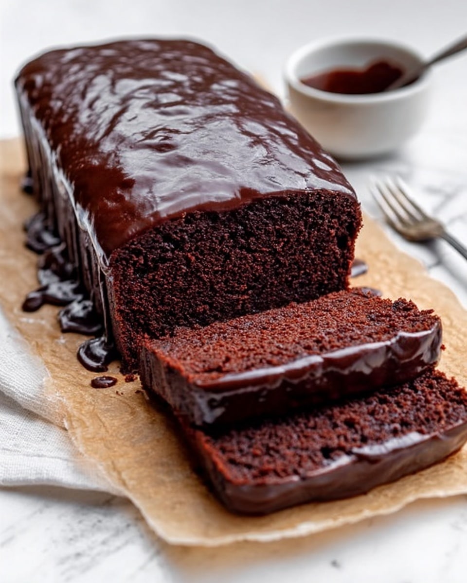 A rectangular chocolate cake loaf is shown on a piece of parchment paper on a white marbled surface, with one slice cut at the front. The cake has two visible layers of moist, dark brown chocolate sponge with a smooth, shiny chocolate glaze spread thickly over the top and slightly dripping down the sides. The texture of the cake sponge looks soft and rich with small air pockets. In the background, there is a small white bowl with dark sauce. A woman’s hand holding a fork is partly visible near the right edge of the image. photo taken with an iphone --ar 4:5 --v 7