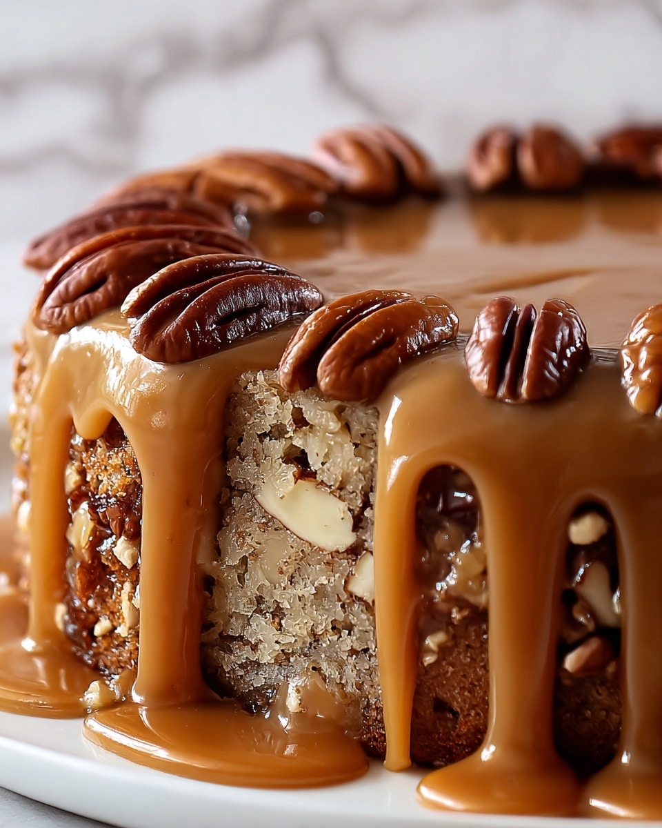 A close-up of a round cake shows two visible layers: the bottom layer is light brown with a crumbly texture and small pieces of fruit, while the top layer is a thick, shiny caramel sauce dripping over the sides. The caramel is golden brown and smooth, covering the top fully and spilling down the sides in thick drips. Whole pecans, glossy and dark brown, are placed evenly on top of the caramel. The cake sits on a white plate, and the background features a white marbled texture. Photo taken with an iphone --ar 4:5 --v 7