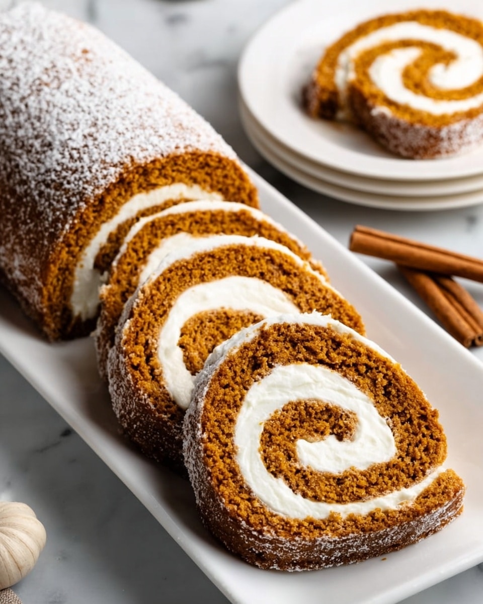 A white rectangular plate holds a pumpkin roll cake sliced into several pieces. The cake has a soft, moist texture with a warm brown color and is dusted lightly with powdered sugar on top. Each slice reveals a thick swirl of bright white creamy filling that contrasts with the darker cake. In the background, a white plate with one slice of the roll and a cinnamon stick rest on a white marbled surface. Photo taken with an iphone --ar 4:5 --v 7
