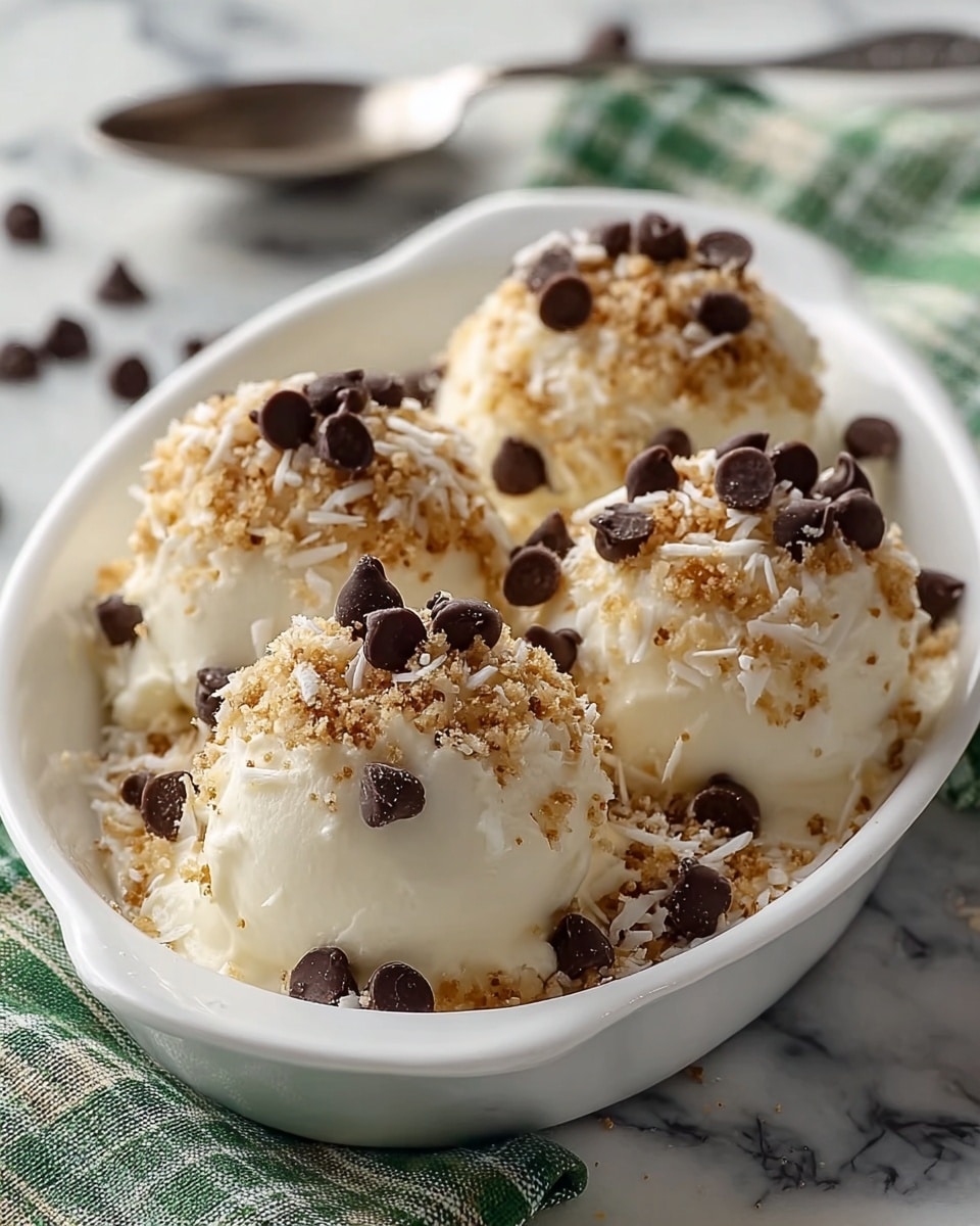 A white dish holds four rounded scoops of creamy white dessert. Each scoop is topped with a layer of light brown crumbs and scattered white shredded flakes. Dark brown chocolate chips are placed on top and around each scoop, adding contrast. The dish sits on a white marbled surface with a green and white cloth underneath. photo taken with an iphone --ar 4:5 --v 7