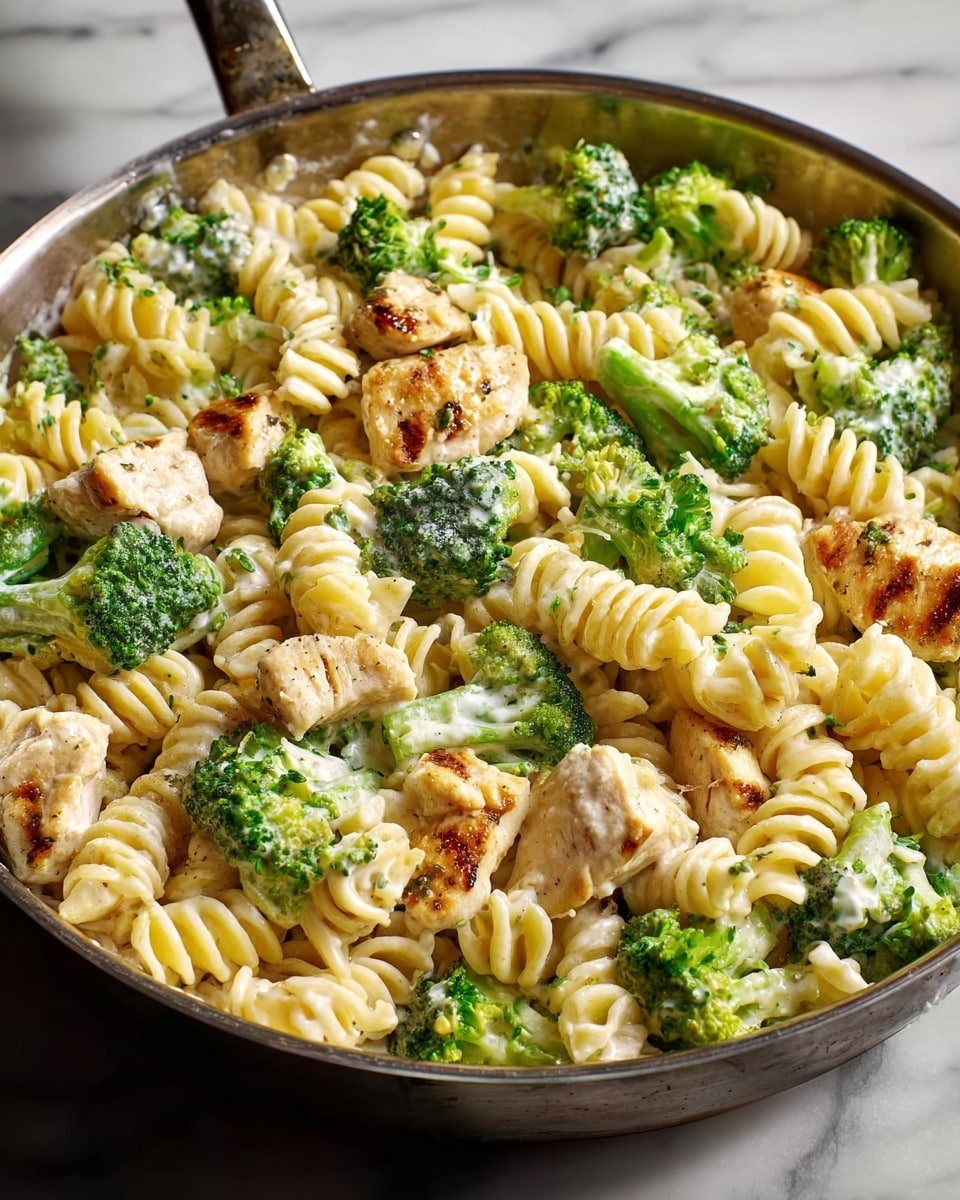 This image shows a pan filled with three main layers: creamy white sauce coating the light yellow spiral pasta, bright green broccoli florets scattered evenly, and small pieces of grilled chicken with a golden-brown sear mixed throughout. The creamy sauce makes the pasta shine slightly while the broccoli adds fresh contrast. The chicken pieces are tender and varied in size, adding texture. The pan sits on a white marbled surface visible in the background. Photo taken with an iphone --ar 4:5 --v 7