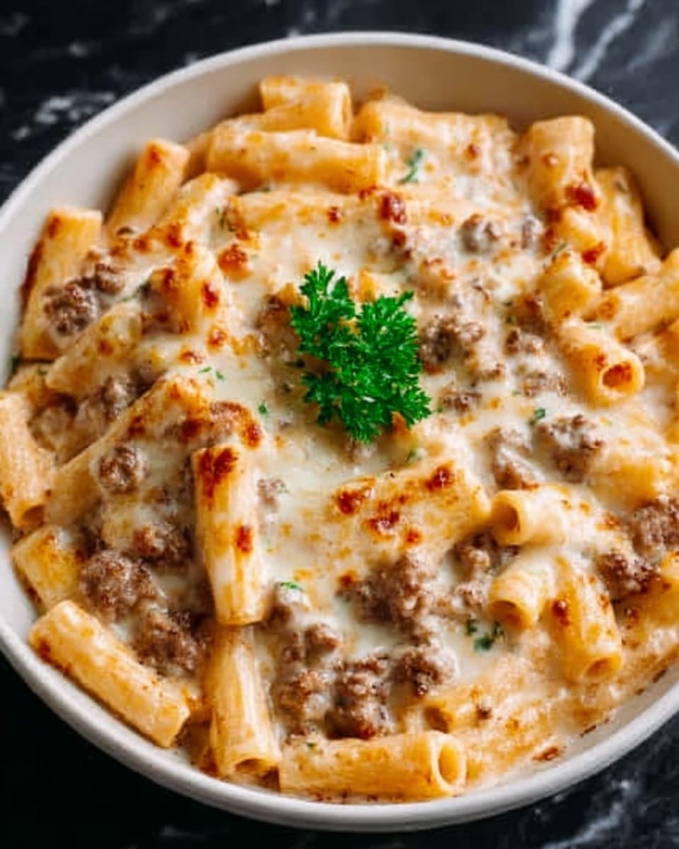 The image shows a white bowl filled with creamy pasta. The bottom layer is short tube-shaped pasta coated lightly in a light beige creamy sauce. Scattered over the pasta are small pieces of browned sausage, adding a speckled texture and a rich brown color. The top layer is melted cheese with a smooth, slightly bubbly texture and golden brown spots. There is a small sprig of green parsley placed near the center for color contrast. The bowl sits on a white marbled surface. Photo taken with an iphone --ar 4:5 --v 7