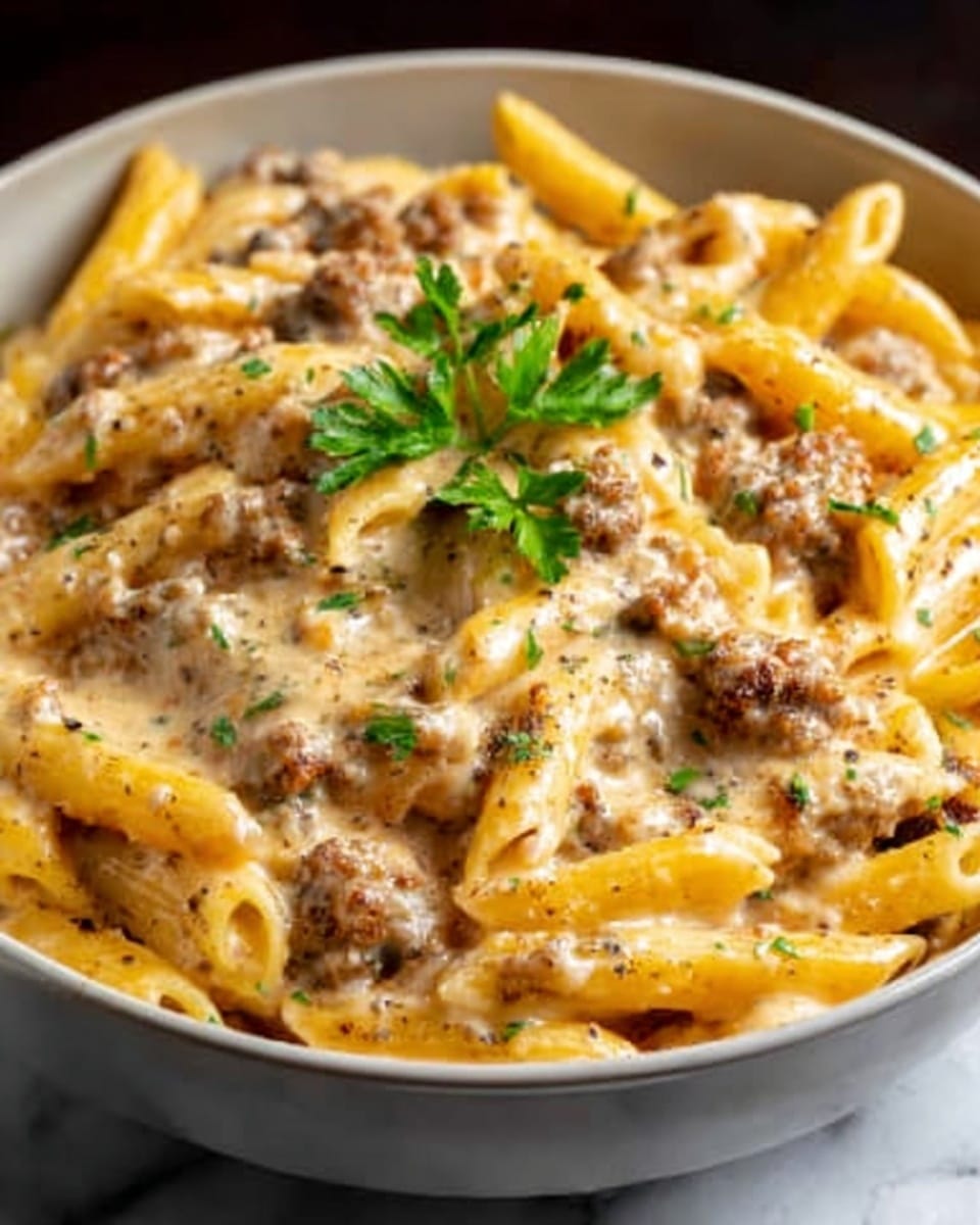 A white bowl is filled with creamy pasta, showing about two layers: the bottom layer is golden yellow penne pasta, soft and smooth, mixed with small chunks of browned sausage scattered evenly. The top layer is thick, light brown cheese sauce that coats the pasta and sausage, sprinkled with small bits of green herbs and black pepper. A small sprig of fresh green parsley is placed in the center on top as garnish. The bowl sits on a white marbled surface, with warm lighting highlighting the creamy texture and rich colors. Photo taken with an iphone --ar 4:5 --v 7