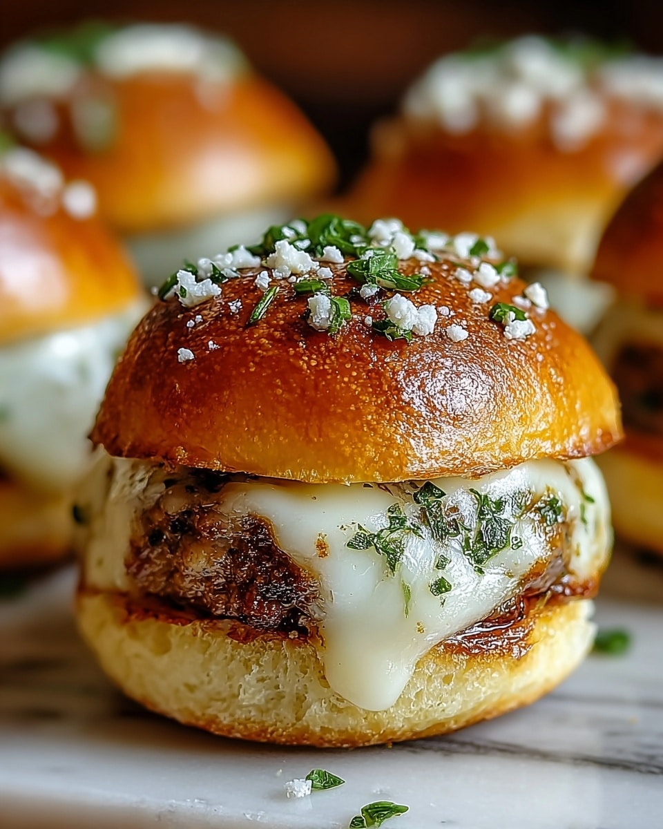 A close-up of a small sandwich with three visible layers: the top layer is a shiny, golden brown bun sprinkled with white cheese crumbles and green chopped herbs; the middle layer is a melted white cheese that drapes over a browned, slightly crispy sausage patty; the bottom layer is a soft, pale bun base. The sandwich sits on a white marbled textured surface with more sandwiches blurred in the background. Photo taken with an iphone --ar 4:5 --v 7