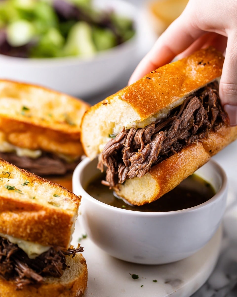 A close-up shows a woman's hand holding a sandwich with two layers of golden brown, toasted bread forming a soft pocket filled with shredded, dark brown beef piled thickly in the middle. The sandwich is being dipped into a small white bowl filled with oily, dark green broth. Another similar sandwich rests on the white marbled surface next to the bowl, and a white bowl with mixed green salad can be seen blurred in the background. The lighting highlights the juicy texture of the beef and the warm, crisp surface of the bread. Photo taken with an iphone --ar 4:5 --v 7