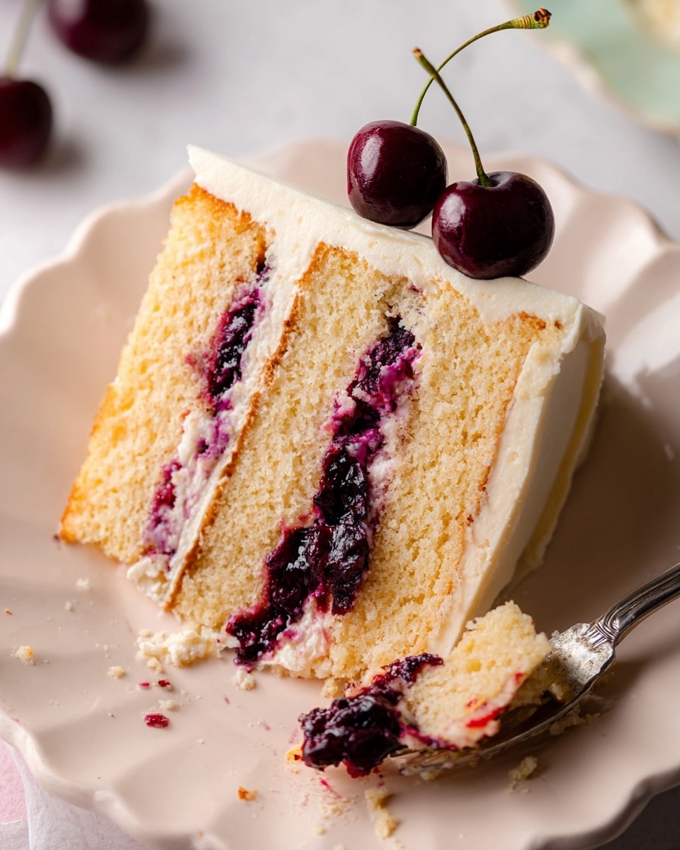 A slice of three-layer vanilla cake is shown on a white scalloped plate with a white marbled background. The bottom and top layers are light golden vanilla sponge, soft and airy in texture, with two middle layers filled with dark purple cherry jam mixed with a creamy white frosting, creating a swirled effect. The top of the cake is covered with a thick layer of smooth white frosting, and two fresh dark cherries with stems rest on the upper left edge of the slice. A silver fork with cake crumbs and cherry filling is placed in the bottom right corner of the plate. Photo taken with an iphone --ar 4:5 --v 7
