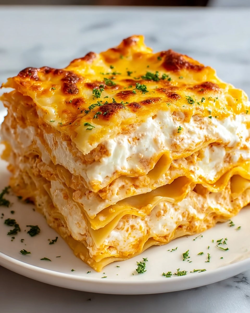 This image shows a close-up view of a thick slice of lasagna on a white plate. The lasagna has four main layers of wide, flat pasta sheets that are yellow-orange in color. Between each pasta layer, there is a thick, creamy white cheese mixture that looks soft and smooth. The top layer is covered with melted golden-yellow cheese with some brown spots, giving it a slightly crispy texture. Small green herb bits are sprinkled on top for decoration. The plate sits on a white marbled surface. photo taken with an iphone --ar 4:5 --v 7
