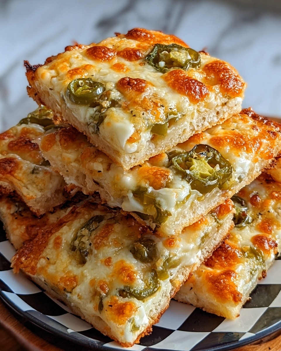 The image shows a stack of square pizza slices with three visible layers: a golden brown crust base, a rich layer of melted cheese with a shiny texture, and scattered green toppings that look like jalapeño slices. The cheese layer is browned in spots with small bubbled areas, giving a crispy texture on top. The slices are piled together on a white plate with a black and white checkered pattern, all set against a white marbled textured background. Photo taken with an iphone --ar 4:5 --v 7