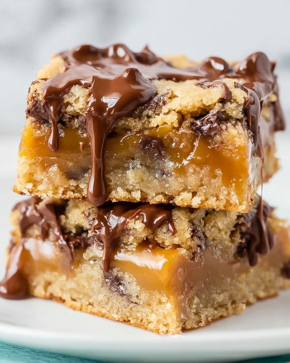 Two stacked dessert bars are shown on a white plate with a shiny turquoise inside. Each bar has three layers: the bottom layer is a light tan cookie base with visible dark chocolate chunks. The middle layer is a smooth, thick caramel with a golden brown color. The top layer has dark chocolate chips scattered and coated with a thick, glossy layer of melted chocolate dripping down the sides. The background shows a soft-focus white marbled texture. photo taken with an iphone --ar 4:5 --v 7