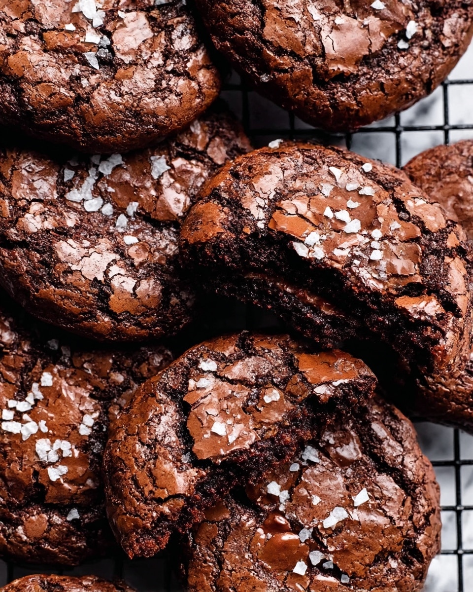 A close-up view of several rich, dark brown chocolate cookies with a cracked, shiny top layer dusted with coarse white sea salt flakes. The cookies have a rough, uneven texture with visible cracks and a slightly moist, chewy inside, especially noticeable in the bitten cookie placed near the center. The cookies are stacked closely on a white marbled surface, showing a dense and fudgy texture throughout. Photo taken with an iphone --ar 4:5 --v 7