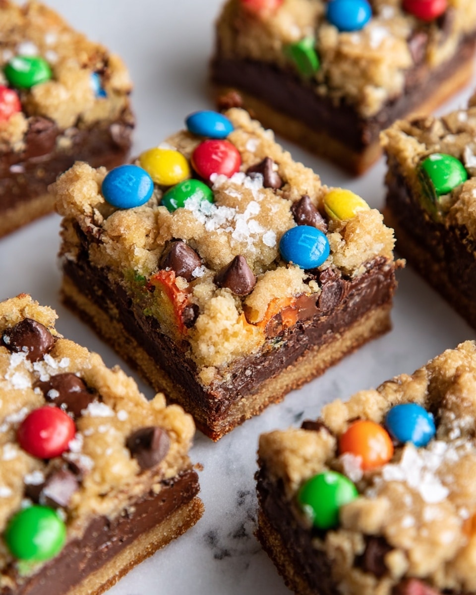 The image shows close-up squares of a layered dessert bar, each piece having a crumbly, golden brown top layer with a rough texture. Below the top are scattered colorful candy-coated chocolate pieces in red, green, yellow, orange, and blue, mixed with chunks of melted chocolate chips that create a glossy, rich dark brown layer underneath. The bottom layer appears to be a firm but chewy base of baked crust with a light brown color. The bars rest on a white marbled surface, with visible flaky salt crystals sprinkled on top adding texture contrast. photo taken with an iphone --ar 4:5 --v 7