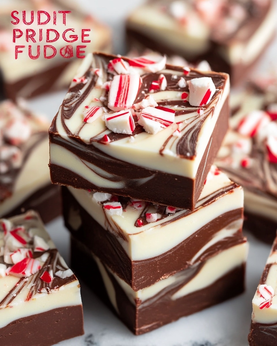 The image shows square pieces of fudge with a peppermint swirl pattern. Each piece has two visible layers: a brown chocolate layer and a cream-colored white chocolate layer, mixed together in a swirled way creating a marbled effect inside the fudge. On top of each piece, there are white peppermint candy chunks with red stripes scattered all over, adding texture and color contrast. The fudge pieces are placed on a white marbled surface, and one piece is slightly raised above the others, showing the smooth inside with a bite taken out. The colors are rich brown, creamy white, and bright red from the peppermint pieces. photo taken with an iphone --ar 4:5 --v 7