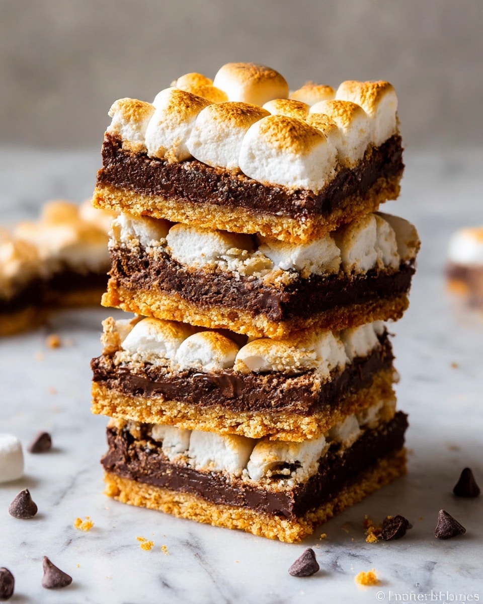 The image shows a stack of four square dessert bars, each with three layers. The bottom layer is a crumbly, golden brown crust with a rough texture. The middle layer is thick and rich dark chocolate, appearing smooth and dense. The top layer is made of toasted marshmallows, puffy and slightly browned on top, giving a soft, gooey look. The bars are stacked unevenly on a white marbled surface with a few chocolate chips and crumbs scattered around. photo taken with an iphone --ar 4:5 --v 7