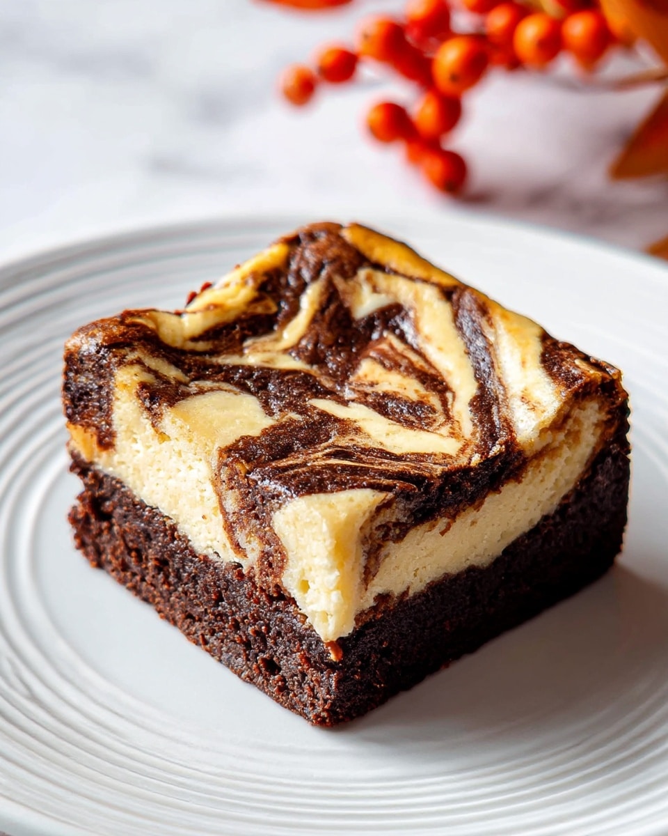 A close-up view of a square brownie with three visible layers on a white plate with fine circular ridges. The bottom layer is a dark brown, dense and fudgy chocolate base with a rough texture. The middle layer is a thick, creamy, light golden layer with a smooth appearance, mixed slightly with the top. The top layer has a marbled pattern with swirls of dark chocolate brown and light creamy yellow, creating an artistic, wavy design. In the corner, there are some blurred orange-red berries and leaves adding a soft autumn feel. The plate rests on a white marbled surface. photo taken with an iphone --ar 4:5 --v 7