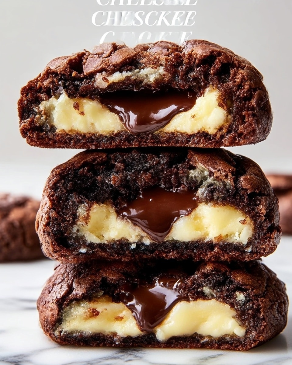 The image shows a close-up of three stacked cheesecake cookies against a white marbled background. Each cookie has three visible layers: the outer layer is dark brown, crumbly, and slightly cracked chocolate cookie dough; the middle layer is a creamy yellow cheesecake filling with a smooth texture; and the center has a glossy, melted dark chocolate layer that looks rich and gooey. The top cookie is broken in half, revealing all three layers clearly. The lighting is soft, highlighting the textures and colors vividly. photo taken with an iphone --ar 4:5 --v 7