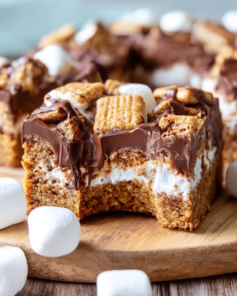 The image shows a close-up of a thick square bar made from three main layers: at the bottom, a dense, crumbly golden graham cracker crust; in the middle, a soft, white marshmallow layer peeking through; and on top, a shiny, rich milk chocolate layer covering chunks of crunchy graham crackers and marshmallows. The bar sits on a wooden board with a few white marshmallows nearby, and a piece has a bite taken out of it, showing the gooey texture inside. Photo taken with an iphone --ar 4:5 --v 7