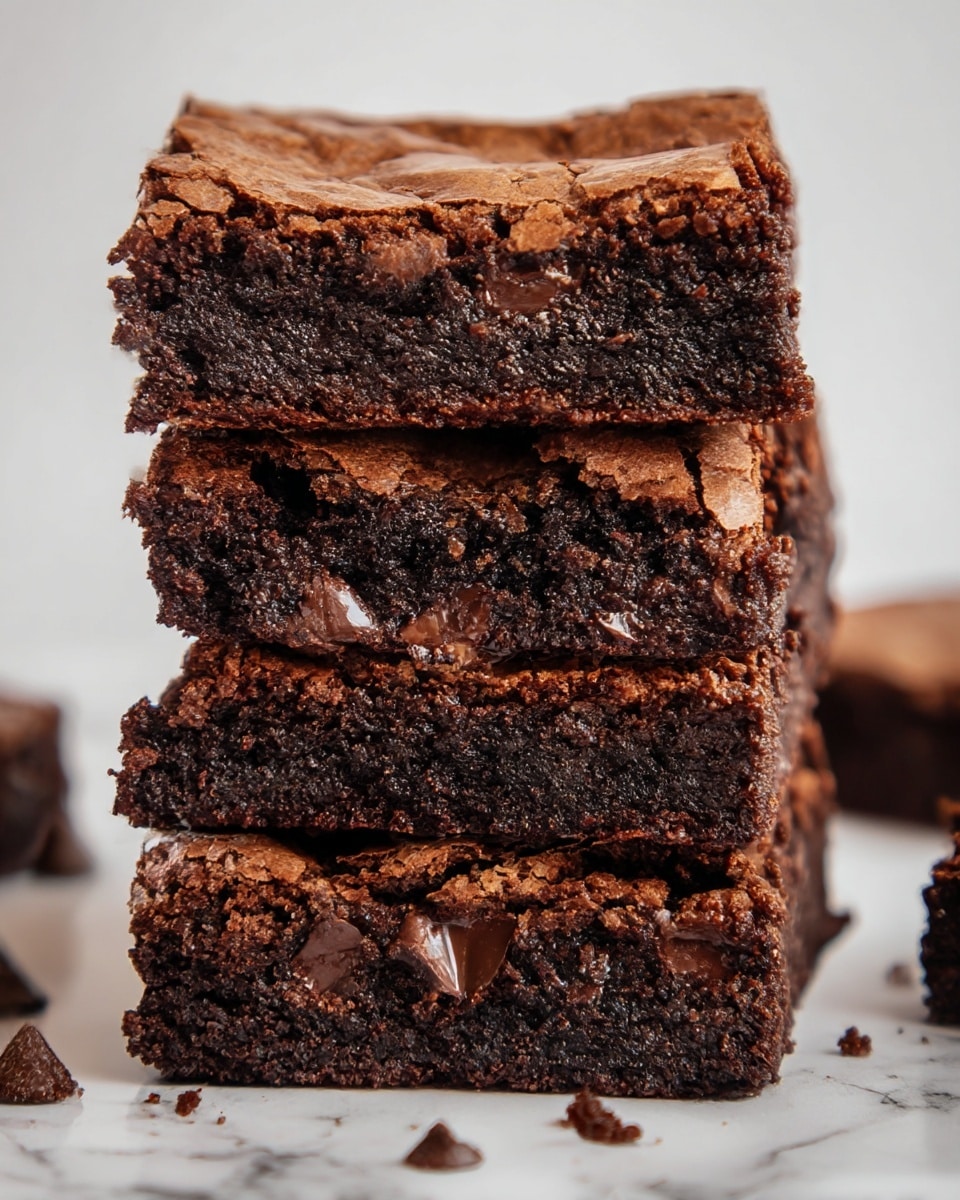 A close-up image showing a stack of four thick, square chocolate brownies standing upright on a white marbled surface. Each brownie has a dark brown, slightly shiny, moist inside with a soft texture and chunks of melted chocolate visible. The top layer on each brownie looks slightly crisp with a cracked, lighter brown crust. The edges are firm but not dry, and some crumbs are scattered around the base. Photo taken with an iphone --ar 4:5 --v 7