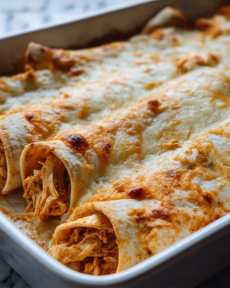 The image shows a close-up of baked rolled tortillas filled with shredded chicken, arranged side by side in a white rectangular dish. The tortillas are covered with a thick layer of melted cheese that is golden brown and bubbly, with some areas showing browned crispy spots. The chicken filling inside the tortillas looks moist and slightly orange, mixed with spices. The background features a white marbled surface blurred softly. The photo taken with an iphone --ar 4:5 --v 7