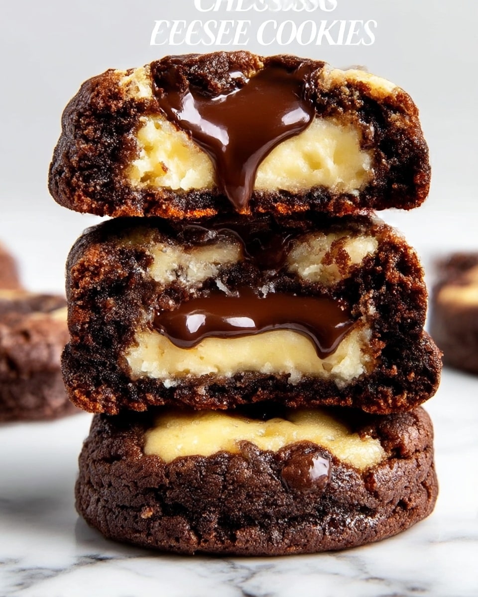 The image shows a close-up of three stacked cheesecake cookies on a white marbled surface. Each cookie has three visible layers: a dark brown, slightly crispy outer layer, a creamy light yellow cheesecake layer in the middle, and a glossy melted dark chocolate layer on top that looks soft and shiny. The cookies are thick and have a crumbly texture on the edges with smooth cheesecake inside, and the melted chocolate blends smoothly with the cheesecake layer, creating a rich contrast. The background is plain, focusing all attention on the stacked cookies, photo taken with an iphone --ar 4:5 --v 7