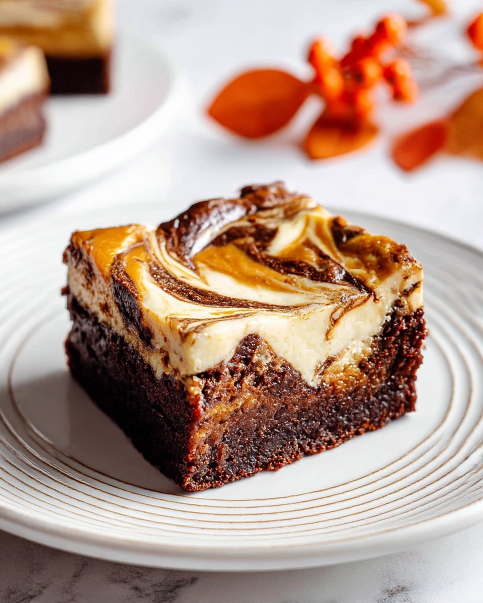 A close-up of a square brownie topped with a thick creamy layer swirled with dark chocolate and golden caramel colors, showing a rich, dark brown dense base and a marbled top layer with smooth, glossy texture. It sits centered on a white plate with thin circular ridges, placed on a white marbled surface, with a few small orange berries and leaves blurred in the background. photo taken with an iphone --ar 4:5 --v 7