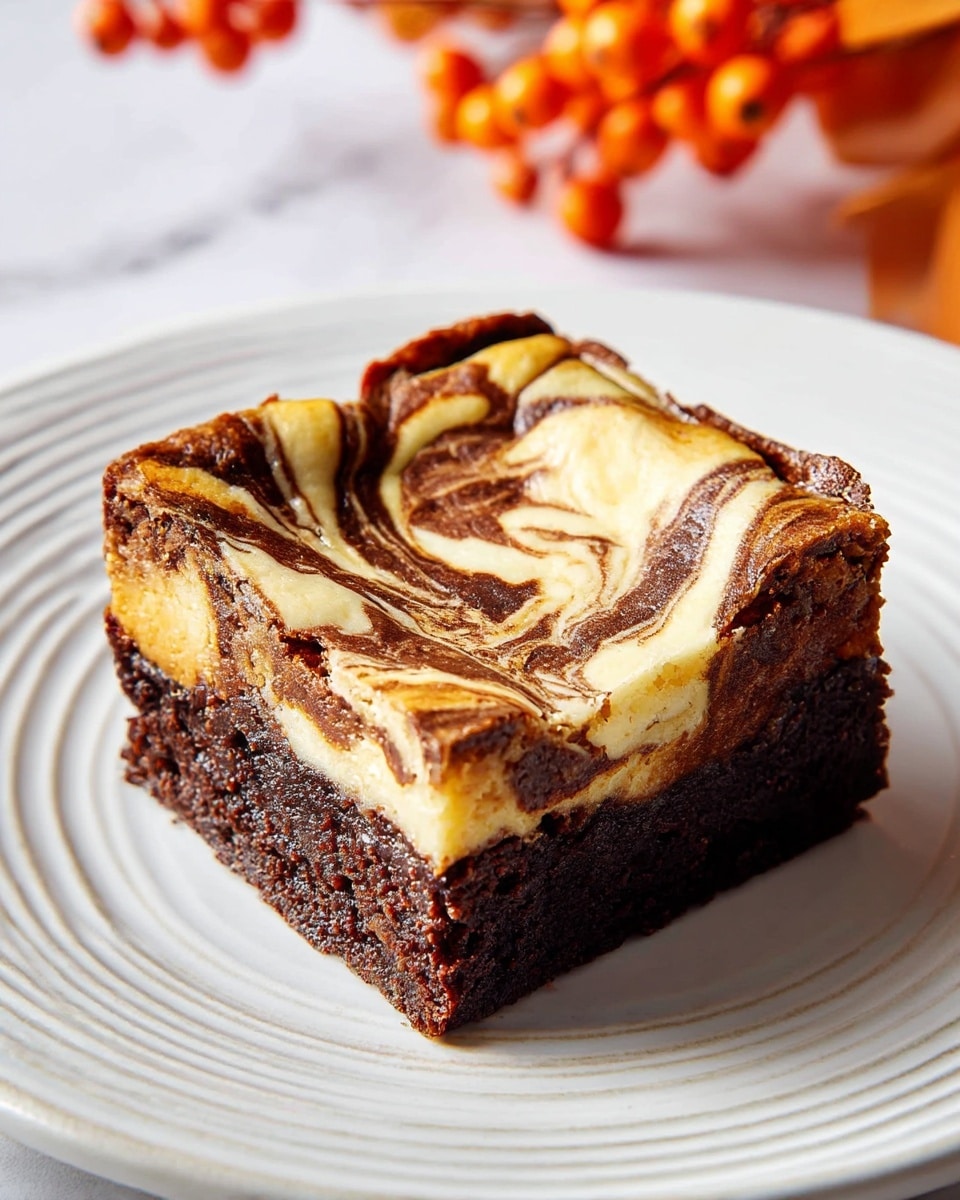 A square piece of dessert with two main layers sits on a white plate with subtle circular ridges, all set on a white marbled background. The bottom layer is thick, dark brown, dense, and fudgy like a rich brownie. The top layer is creamy and light yellow with chocolate swirls creating a marbled pattern of brown and off-white flowing through it. The edges of the top layer curl slightly upwards, showing a soft texture. In the background, there are out-of-focus orange berries adding a touch of color. Photo taken with an iphone --ar 4:5 --v 7