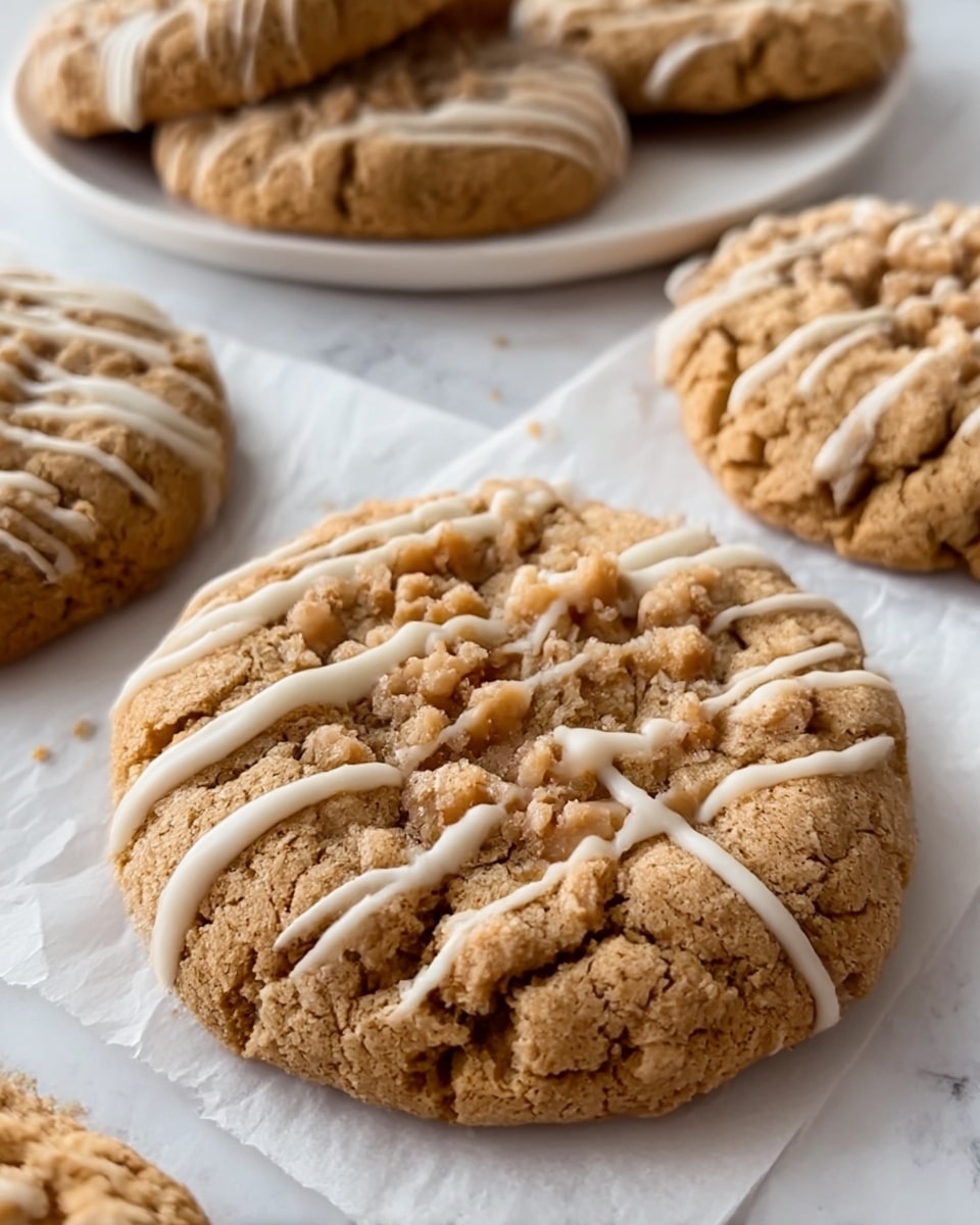 The image shows large, round cookies with a rough, crumbly texture and light brown color. Each cookie has three or four thin white drizzle lines on top, adding contrast to the cookie's surface. The cookies are placed on white parchment paper on a white marbled surface. In the background, there's a white plate with more cookies, slightly blurred. One cookie is centered in the front, showing its detailed texture with small chunks. The photo is bright and clear, taken close to the cookies to show their softness and crumbly edges. Photo taken with an iphone --ar 4:5 --v 7