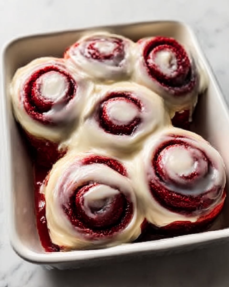 The image shows a white rectangular dish filled with six large red velvet cinnamon rolls, arranged in two rows of three. Each roll has a thick swirl pattern, showing the deep red dough contrasting with pale cream cheese frosting spread generously on top. The frosting looks smooth and glossy, slightly dripping over the edges of the rolls onto the white dish. The dish is placed on a white marbled surface with soft light reflecting gently off the glossy frosting and the shiny texture of the rolls. photo taken with an iphone --ar 4:5 --v 7