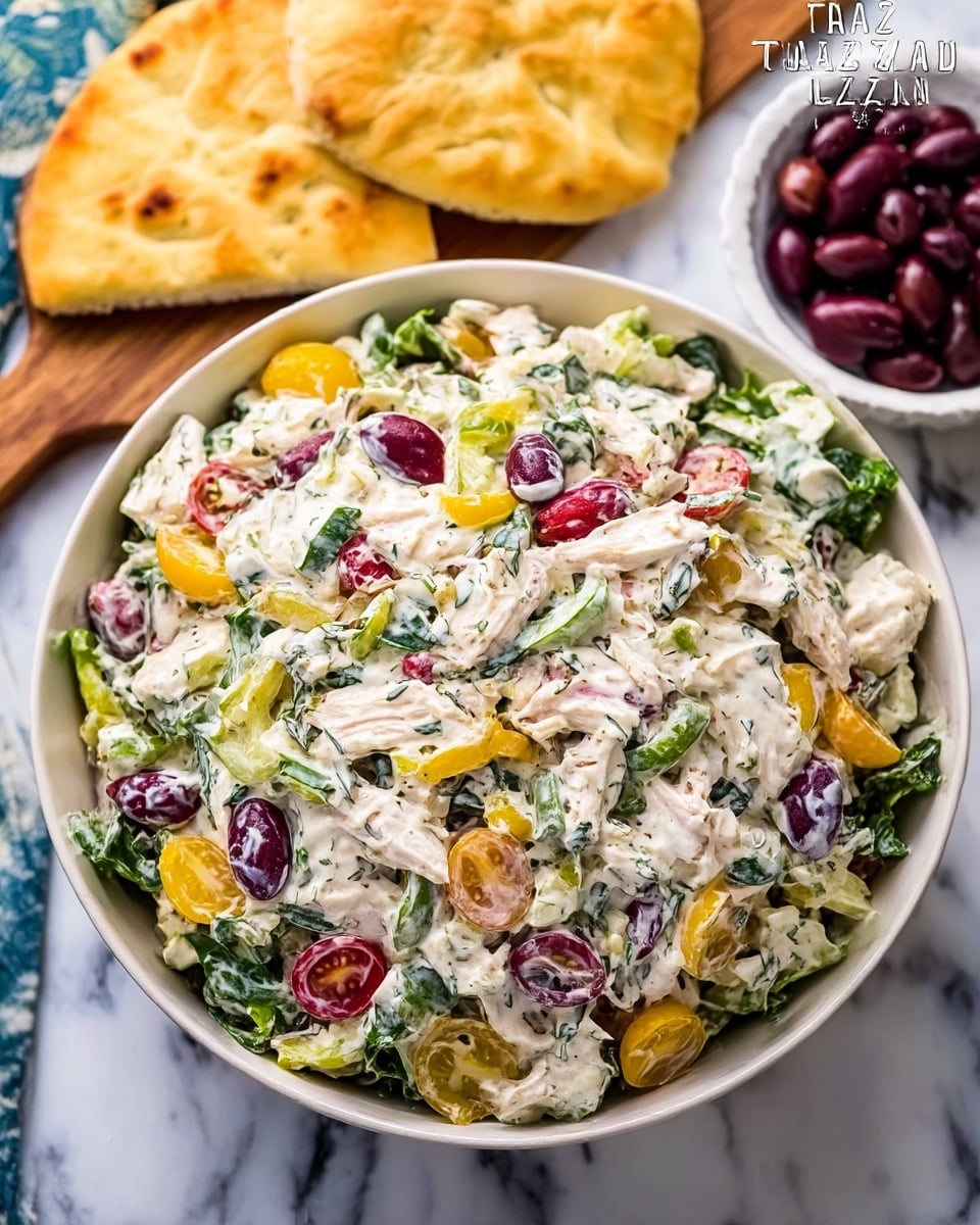 A large white bowl filled with a creamy chicken salad showing visible pieces of chicken, chopped green leafy vegetables, yellow pepper slices, halved cherry tomatoes in red and purple olives mixed throughout; the salad has a thick white creamy dressing coating all ingredients. Behind the bowl, two pieces of golden brown flatbreads are placed on a white marbled surface, with a small white bowl of dark olives to the right side. The overall look is fresh and colorful with a mix of light and rich tones, photo taken with an iphone --ar 4:5 --v 7