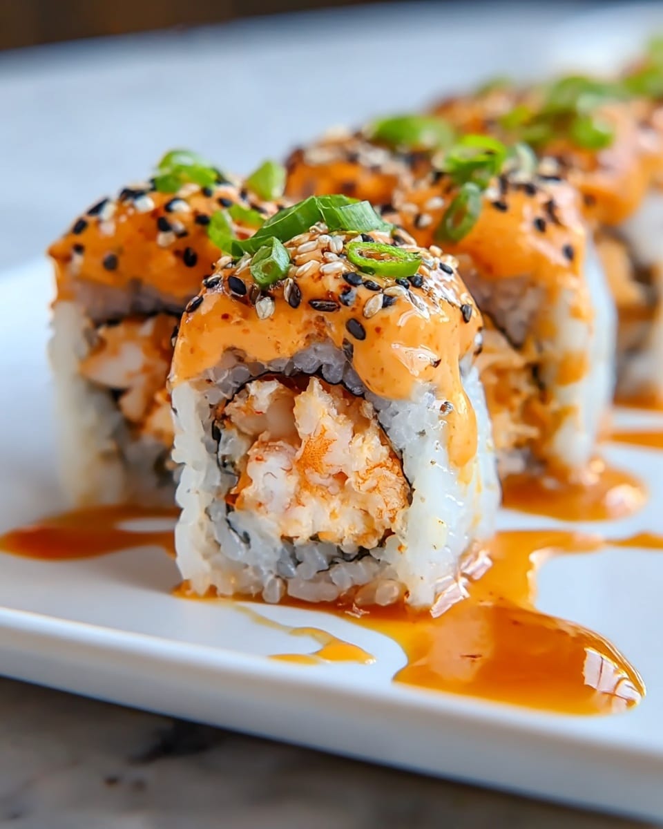 A close-up view of a sushi roll with three visible pieces arranged in a row on a white plate on a white marbled texture. Each piece has three main layers: the outer white rice layer with a grainy texture, a middle dark seaweed layer that wraps the filling, and the filling inside made up of creamy orange bits mixed with small shrimp. On top, there is a thick layer of orange spicy mayo sauce sprinkled with black and white sesame seeds and bright green chopped scallions. A glossy, orange-colored sauce is drizzled over the top and around the plate, adding shine and moisture to the dish. photo taken with an iphone --ar 4:5 --v 7