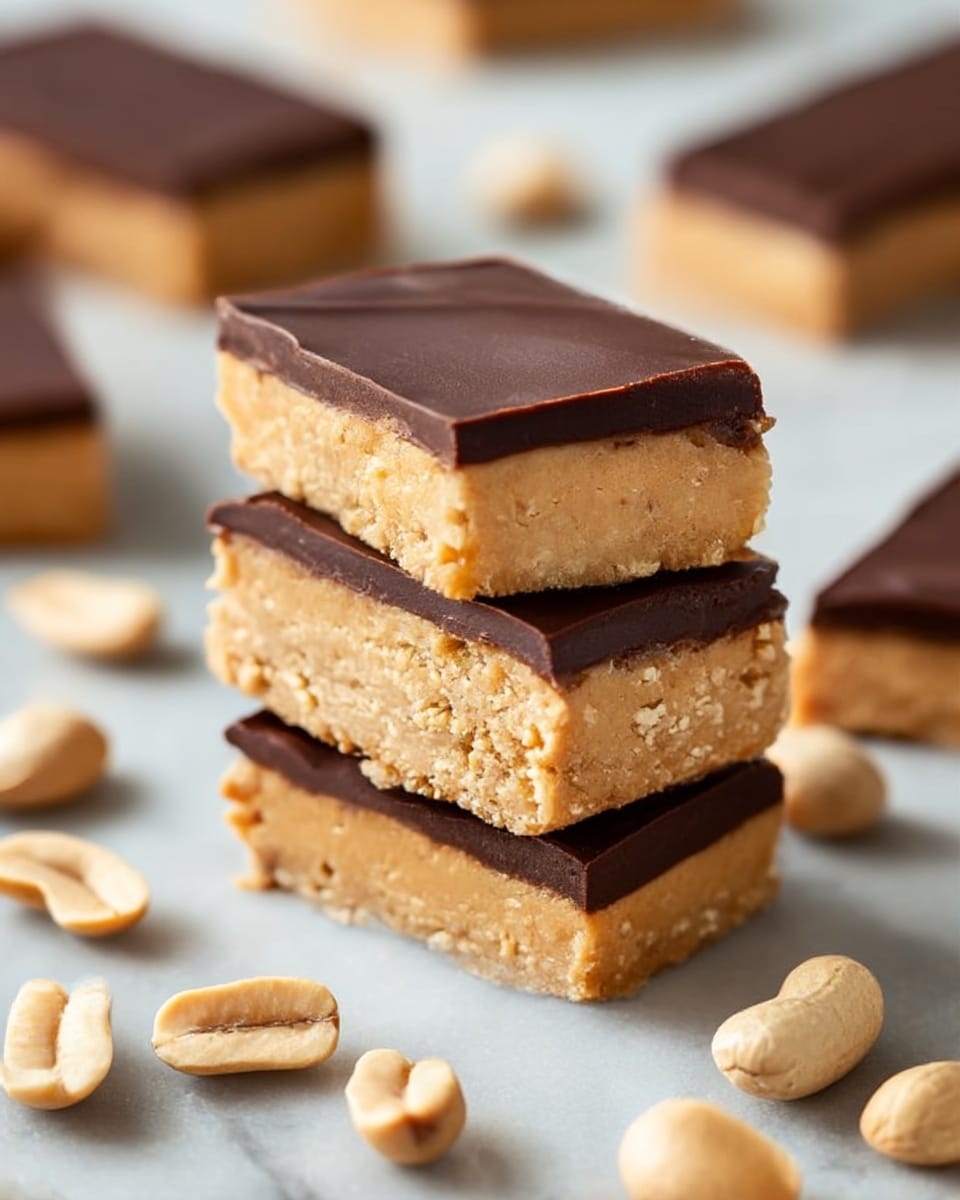 The image shows a stack of three thick peanut butter bars with smooth, dark chocolate layers on top and in the middle, creating two chocolate layers and three peanut butter layers. The peanut butter layers are light tan with a slightly crumbly texture, and the chocolate layers are shiny and evenly spread. Around the stacked bars are whole and halved peanuts scattered on a white marbled surface, with other peanut butter bars in the soft-focus background. The clear close-up captures the rich, dense texture of the bars. Photo taken with an iphone --ar 4:5 --v 7
