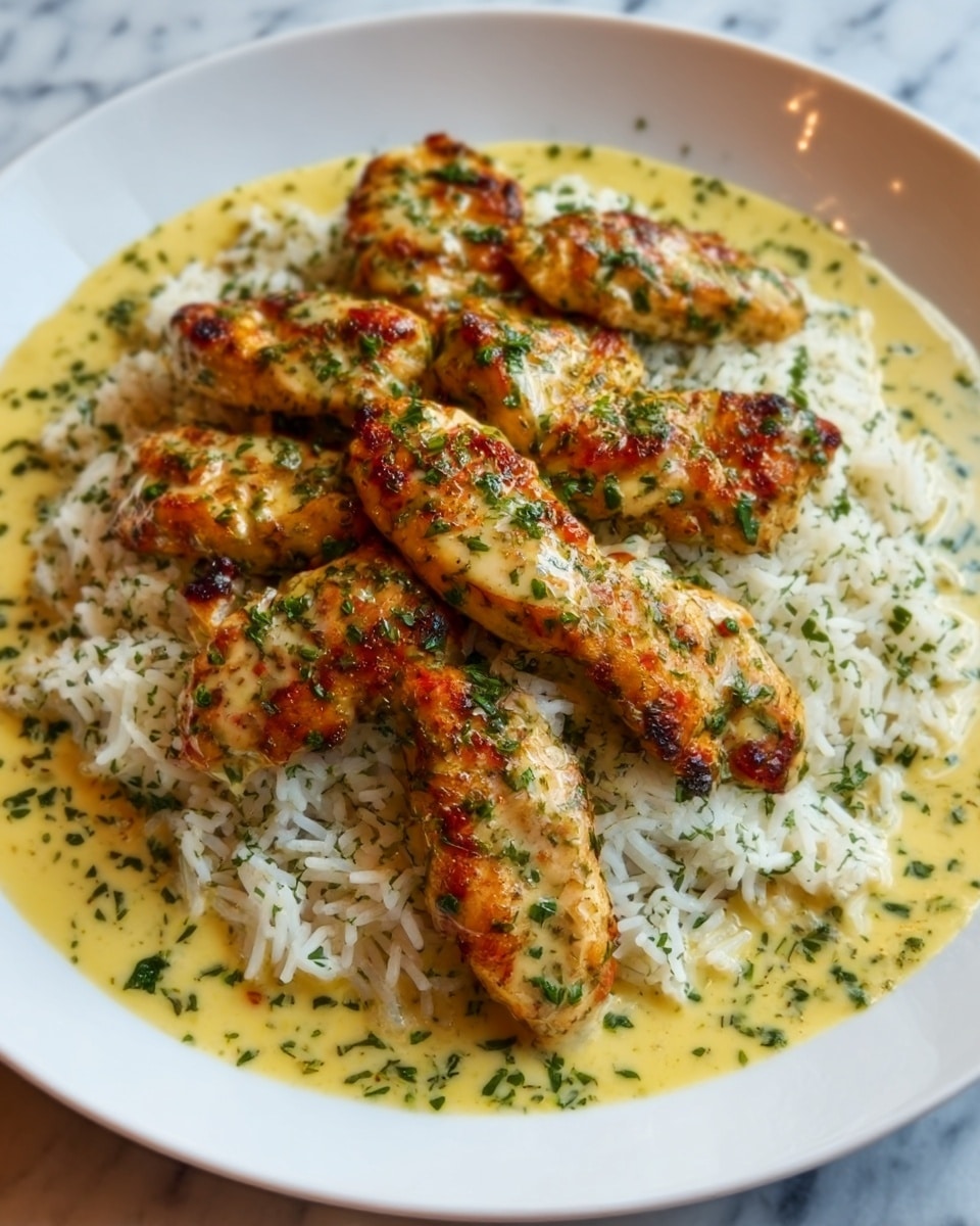 The image shows a white plate with a bed of white rice on the bottom, fluffy with individual grains visible. On top of the rice, there are several pieces of golden brown grilled chicken, slightly charred with a crispy texture, and sprinkled with green herbs. A creamy yellow sauce surrounds the rice and chicken, pooling slightly at the edges, adding a smooth and rich look. The plate sits on a white marbled surface. photo taken with an iphone --ar 4:5 --v 7