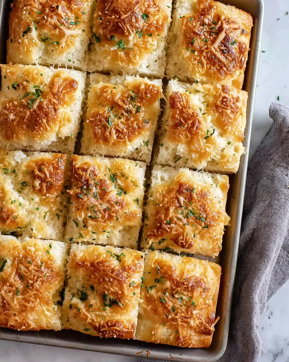 This image shows a baking tray filled with twelve square pieces of golden baked garlic bread. Each piece has a slightly crunchy, golden-brown top layer sprinkled with melted cheese and small bits of green herbs, giving a textured look. The bread appears soft and airy inside, with a light cream color and some visible holes, indicating fluffiness. The edges of the bread squares are slightly darker and crispier, adding contrast to the soft center. The tray sits on a white marbled surface with part of a gray cloth visible on the side. Photo taken with an iphone --ar 4:5 --v 7