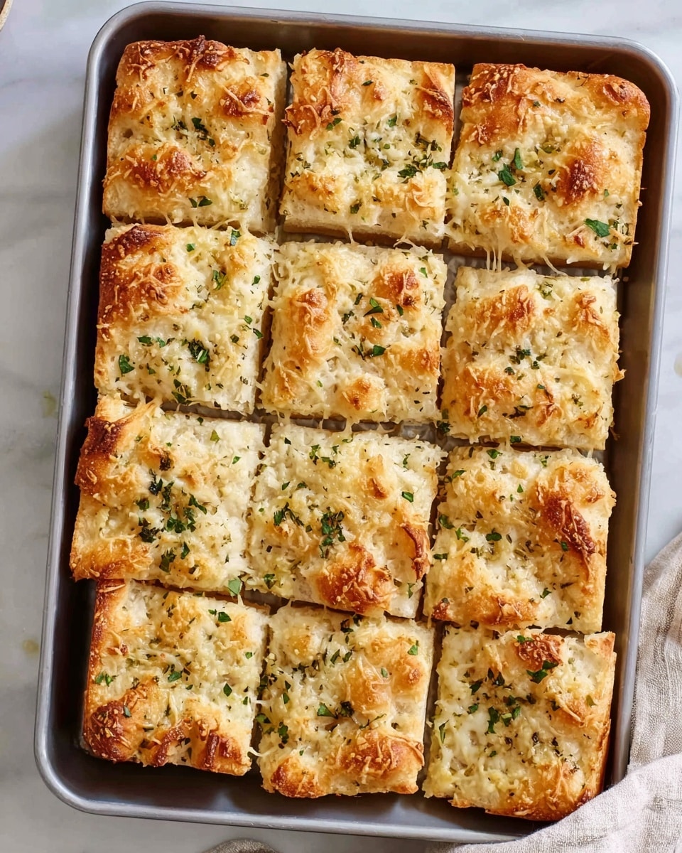 A metal baking pan holds twelve square pieces of golden brown garlic bread, each piece topped with melted cheese and small bits of green herbs scattered on the surface. The bread has a slightly crispy texture with some browned spots on top, showing a soft and fluffy inside. The pan is placed on a white marbled surface with a light-colored cloth partially visible on the side. photo taken with an iphone --ar 4:5 --v 7