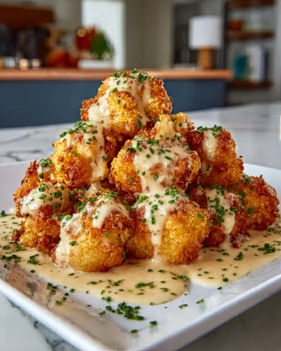 The image shows a white square plate filled with golden brown, crispy fried cauliflower pieces stacked in a heap. The cauliflower is covered in a creamy light beige sauce that drips down the sides and pools slightly at the bottom of the plate. Finely chopped green herbs are sprinkled evenly over the top of the cauliflower and sauce, adding a fresh pop of color. The plate is set on a white marbled surface with a softly blurred background of kitchen elements. Photo taken with an iphone --ar 4:5 --v 7