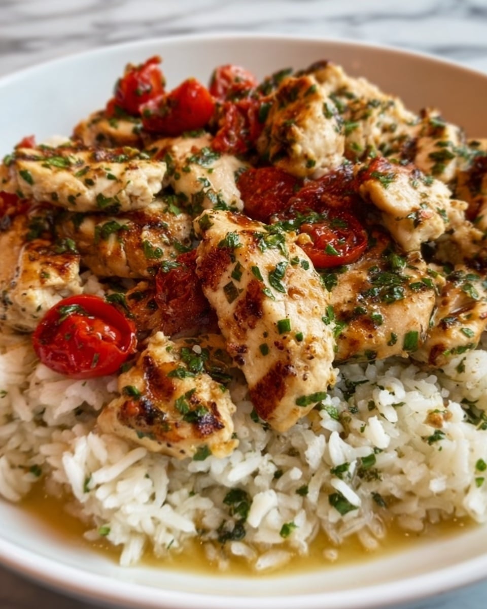 The image shows a close-up of a dish with two main layers. The bottom layer is white rice mixed with small green herbs, looking fluffy and soft. The top layer consists of grilled chicken pieces that are golden brown with grilled marks and scattered chopped green herbs and some cooked halved cherry tomatoes, adding red color to the dish. The textures of the chicken look tender and juicy with slight charring on the edges. The background is a white marbled texture. photo taken with an iphone --ar 4:5 --v 7