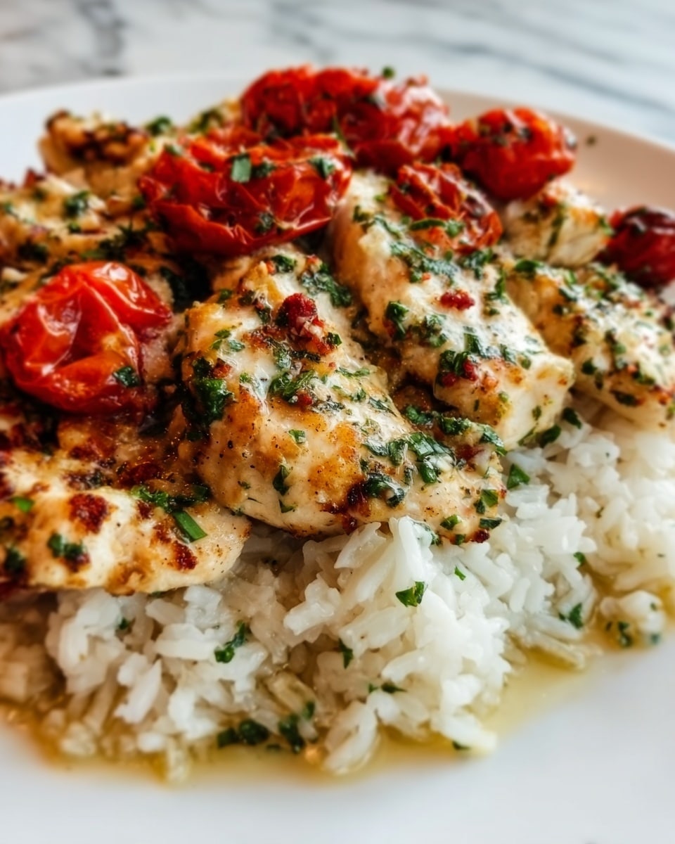 The image shows a close-up of a dish with two main layers: the bottom layer is white, fluffy rice with small green herb pieces mixed in, and on top there are golden-brown grilled chicken pieces covered in green herbs and a light sauce, with roasted red cherry tomatoes adding a pop of red color among the chicken. The dish is set on a white plate on a white marbled surface. The photo taken with an iphone --ar 4:5 --v 7