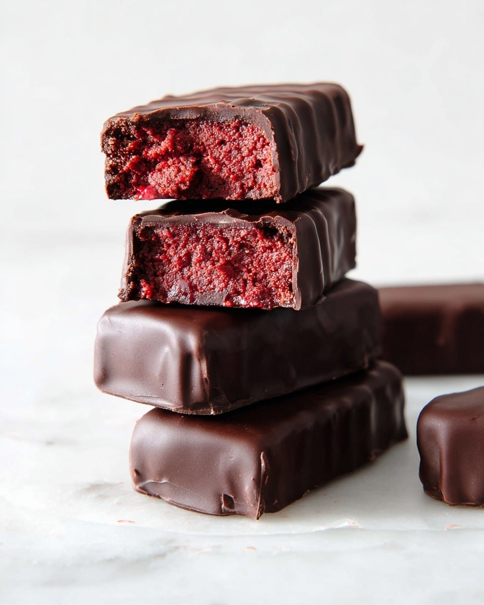 Four rectangular chocolate-covered bars are stacked on a white marbled surface with one bar balanced horizontally on top. The top bar is cut in half, revealing a dense, moist red interior with a crumbly texture. Each bar is coated thickly in smooth, dark chocolate that has a slight shine and small uneven edges. Some bars show small hints of red through the chocolate on their sides, matching the inner layer. The background is a clean white, making the rich brown and red colors of the bars stand out. photo taken with an iphone --ar 4:5 --v 7