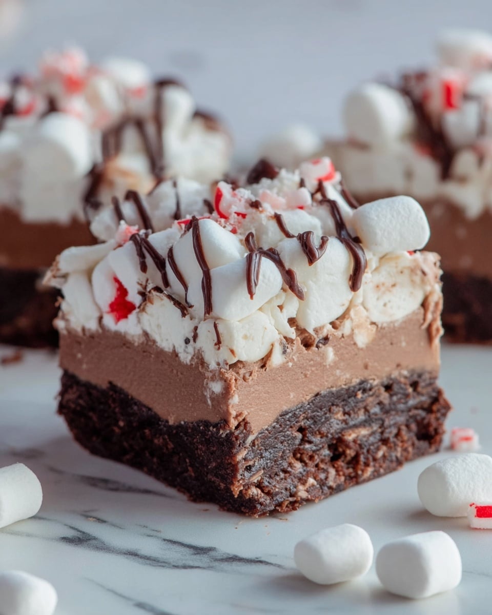 The image shows a square piece of dessert with three visible layers against a white marbled background. The bottom layer is dark brown and dense, resembling a chocolate brownie base. The middle layer is lighter brown, smooth and creamy, like chocolate mousse or fudge. The top layer is white with fluffy textures, probably marshmallows or whipped topping, scattered irregularly. This layer is decorated with thin dark chocolate drizzle lines and small red-and-white candy pieces, adding color contrast and texture. There are loose marshmallows and candy bits around the dessert piece. Photo taken with an iphone --ar 4:5 --v 7