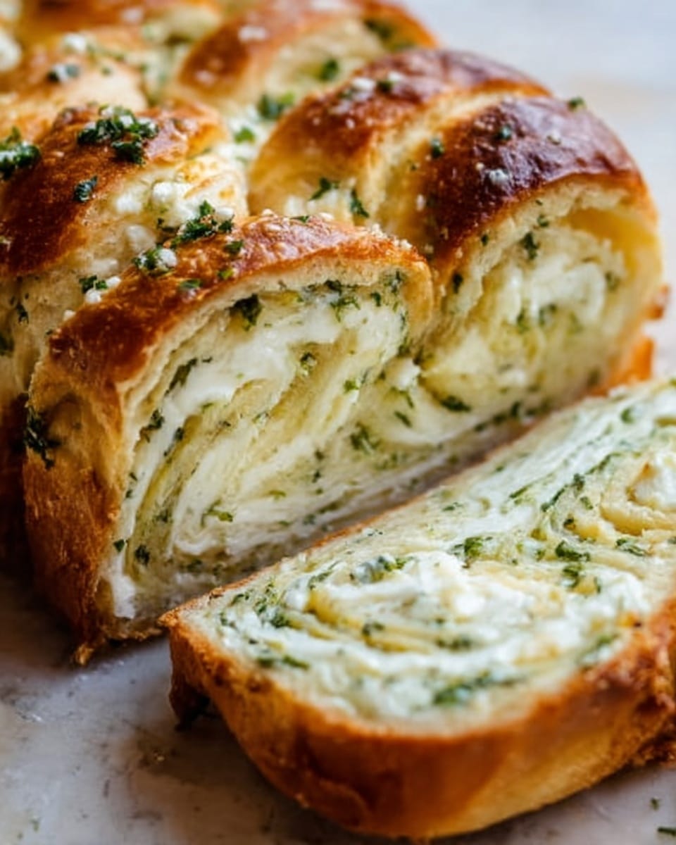 The image shows a close-up of a sliced bread loaf filled with a creamy white cheese and finely chopped green herbs. The bread crust is golden brown and slightly shiny, with a soft, airy inside that swirls around the white and green filling in thick layers. The herbs are evenly spread inside the bread, creating a nice contrast between the golden crust and the creamy filling. The photo was taken on a white marbled texture. Photo taken with an iphone --ar 4:5 --v 7