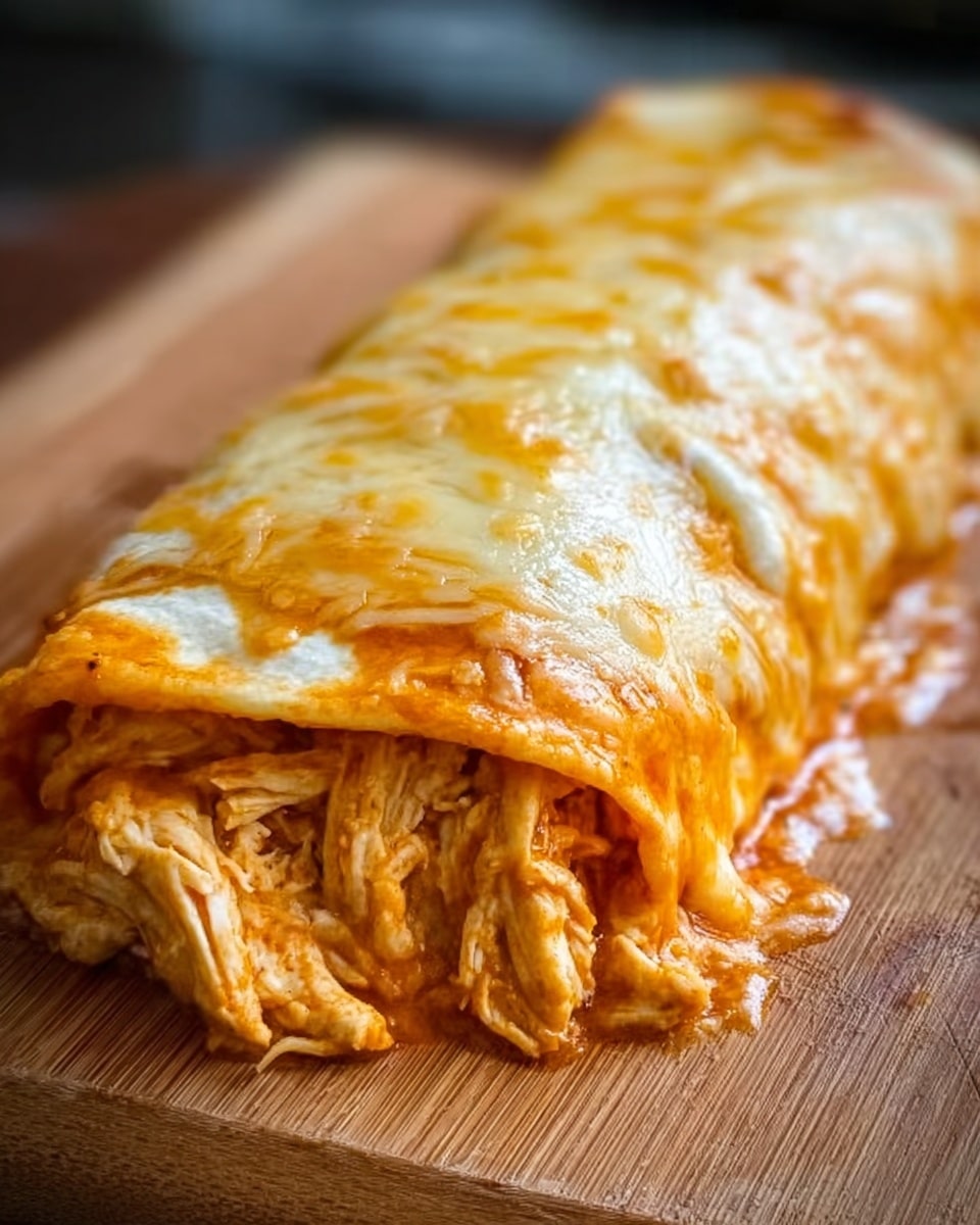 This image shows a close-up view of a single large rolled enchilada on a wooden board. The enchilada is covered with a thick layer of melted, golden-brown cheese that stretches slightly over the sides, showing the shiny, slightly oily texture. Underneath the cheese, shredded chicken mixed with a red-orange sauce is visible at the open end of the roll, adding a textured, moist look with the strands of chicken peeking out. The wooden board contrasts with the food’s warm colors, and the background is softly blurred to keep the focus on the enchilada. Photo taken with an iphone --ar 4:5 --v 7