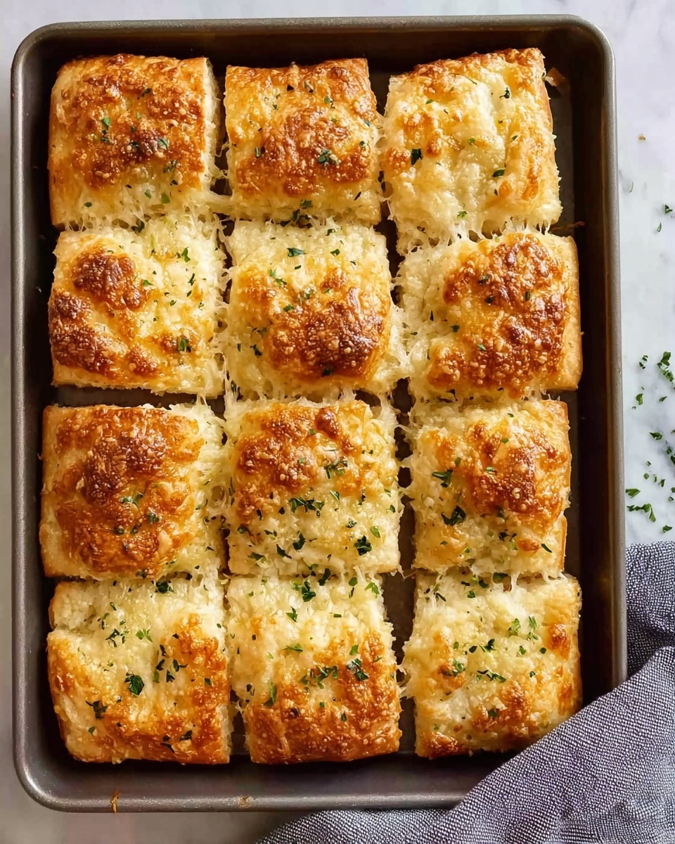 A metal baking pan filled with twelve square pieces of golden-brown garlic bread, each piece showing a shiny, slightly crispy top layer with melted cheese and small green herb flakes. The bread looks soft and fluffy inside, with the top layer having a textured, baked cheese crust. The pan rests on a white marbled surface with a grey cloth on the right edge. photo taken with an iphone --ar 4:5 --v 7