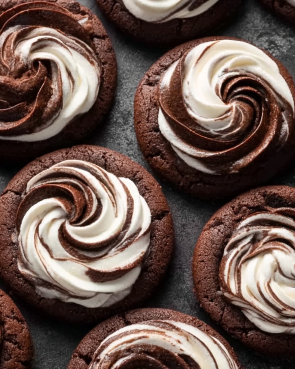 The image shows several round chocolate cookies topped with thick swirls of creamy frosting in white and dark brown colors, creating a marbled effect on each cookie. The cookies have a rich, slightly rough texture, while the frosting appears smooth and glossy, arranged in a spiral pattern that gives a soft, whipped look. They are laid out closely on a dark surface that contrasts with the colors of the cookies and frosting. photo taken with an iphone --ar 4:5 --v 7
