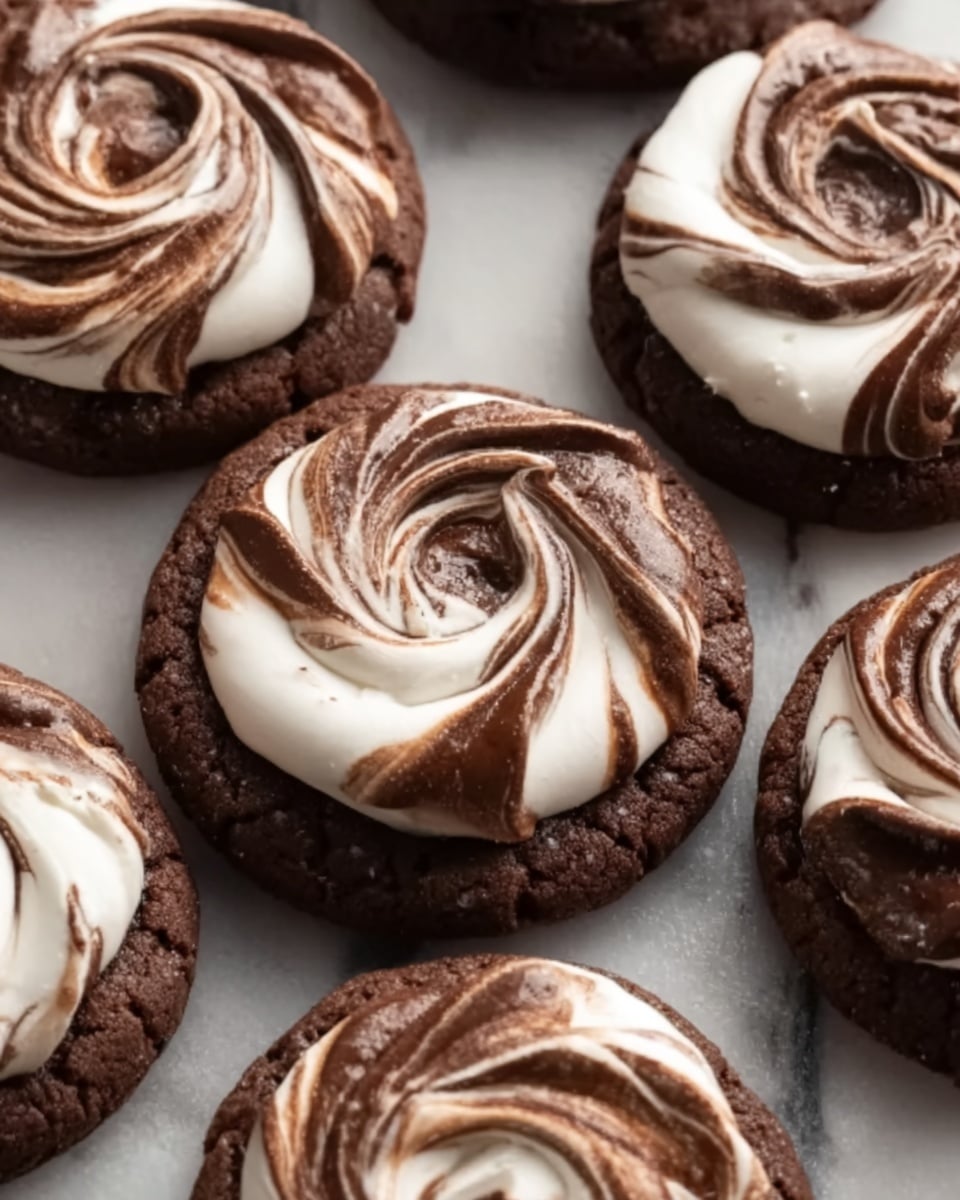 The image shows several round chocolate cookies with swirled toppings that look like a mix of white and dark brown cream, twisted in a spiral pattern on each cookie. The chocolate cookie base is dark and slightly rough in texture, while the topping is smooth and glossy with a light swirl of white cream blending with dark brown cream. The cookies are placed closely together on a white marbled surface. Photo taken with an iphone --ar 4:5 --v 7