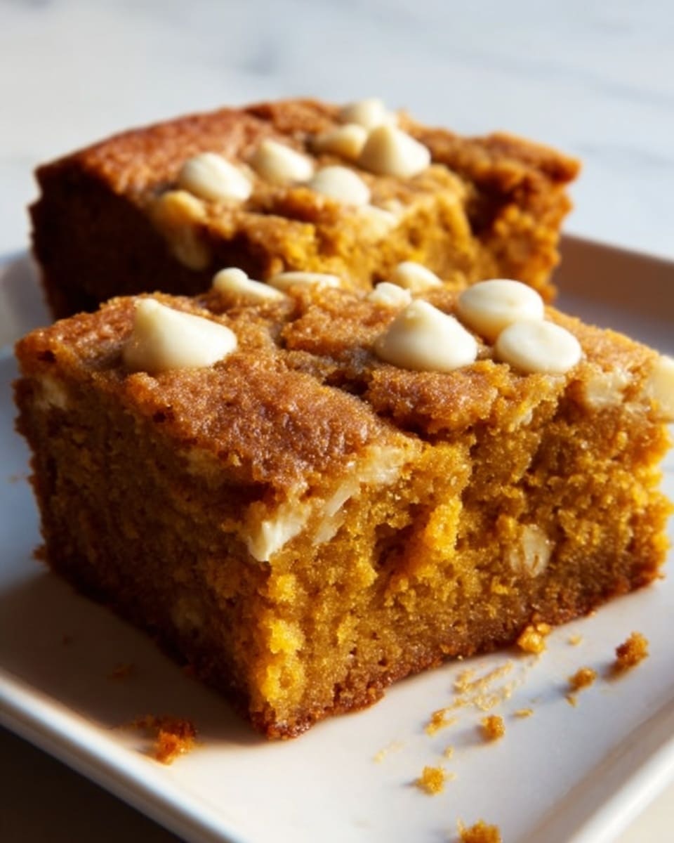 A close-up image of two thick square pieces of golden brown pumpkin cake with white chocolate chips on top, showing a moist and soft texture. The cake is placed on a clean white plate with crumbs scattered around. The background is a white marbled surface, softly lit to highlight the warm colors and texture of the cake. photo taken with an iphone --ar 4:5 --v 7